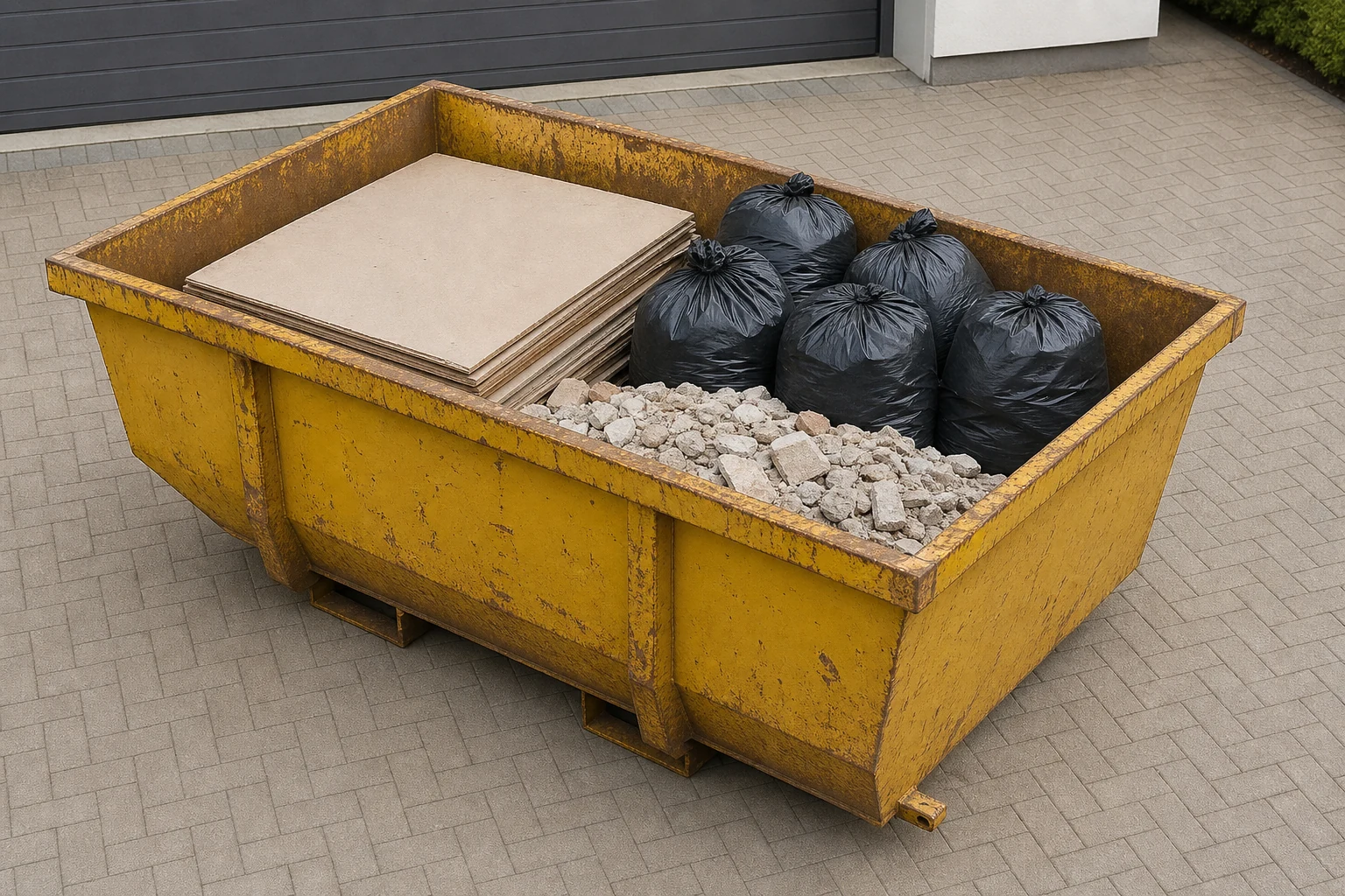 A neatly loaded skip with bags, flat boards and light rubble below the rim.