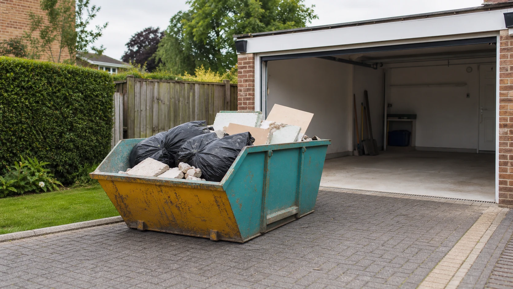 A small skip on a driveway during a tidy garage clear out.
