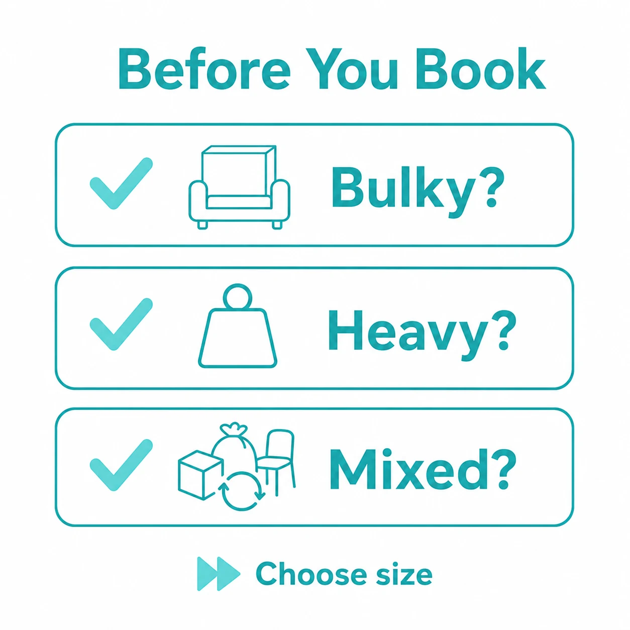 Checklist graphic for bulky, heavy and mixed waste before choosing a skip size.