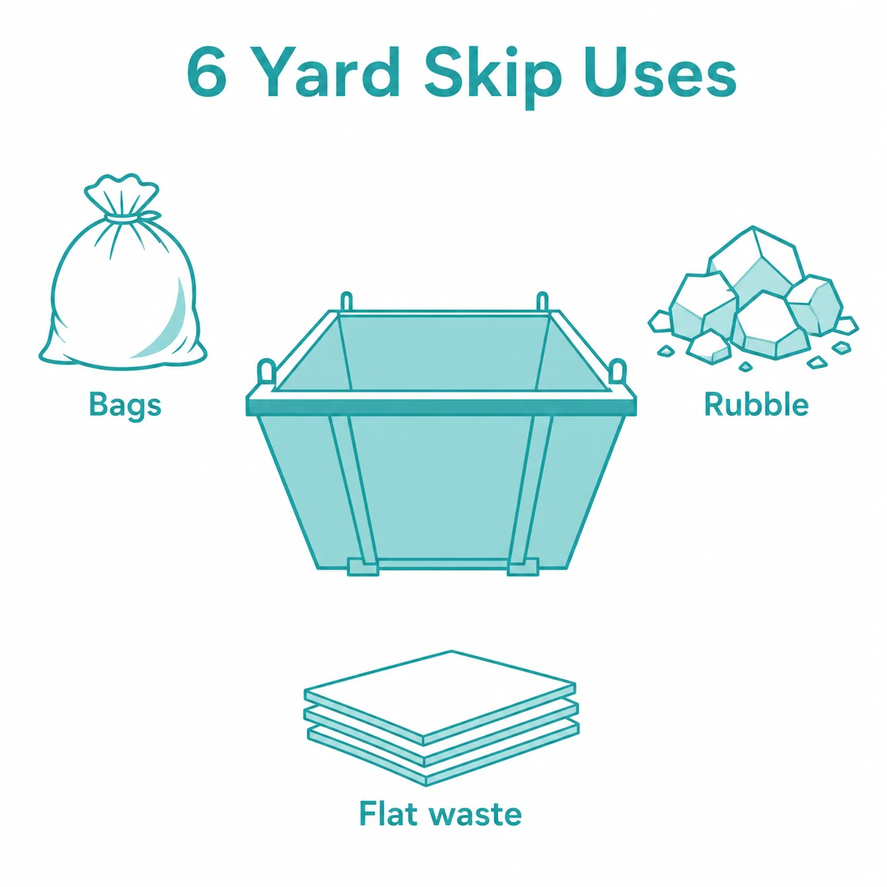 Graphic showing bags, rubble and flat waste as suitable 6 yard skip uses.