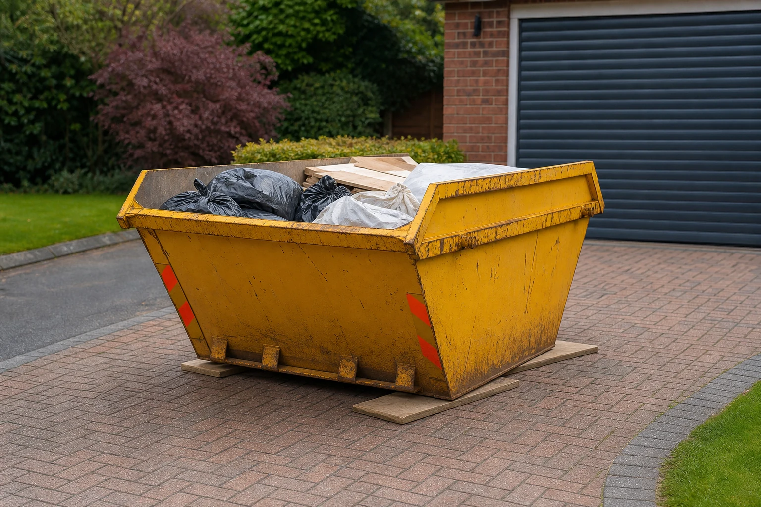 Evenly loaded skip standing on protective boards on a tidy driveway.