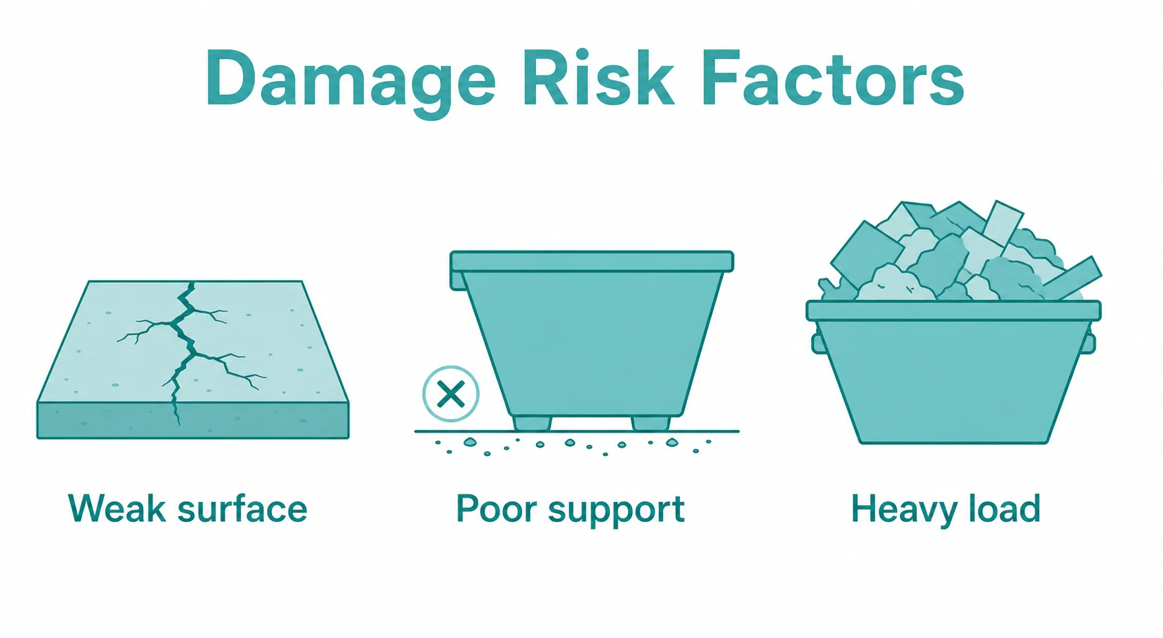 Graphic showing weak surfaces, poor support and heavy loads as driveway damage risks.
