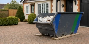 Metal skip placed on protective boards on a clean UK driveway.