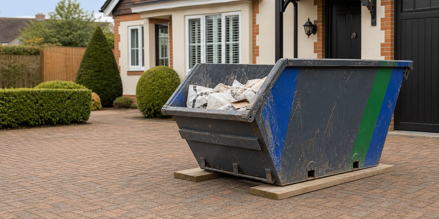 Metal skip placed on protective boards on a clean UK driveway.