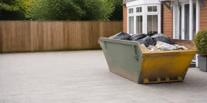 A neatly filled skip ready for collection on a clean driveway