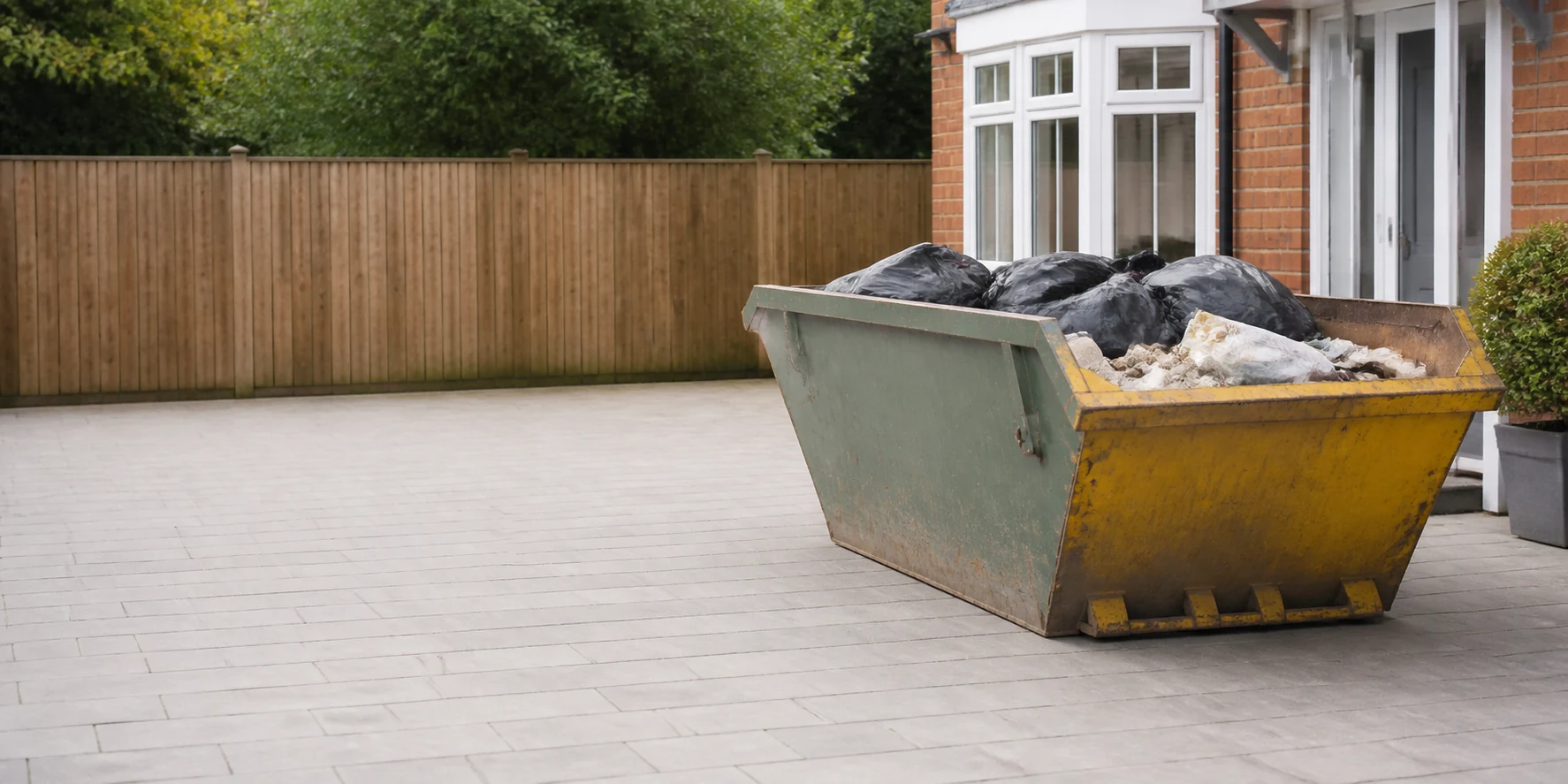 A neatly filled skip ready for collection on a clean driveway