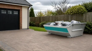 Clean metal skip placed neatly on a domestic driveway.