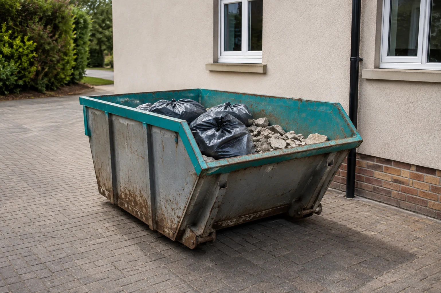 Part-filled skip with tidy bagged waste on a driveway.