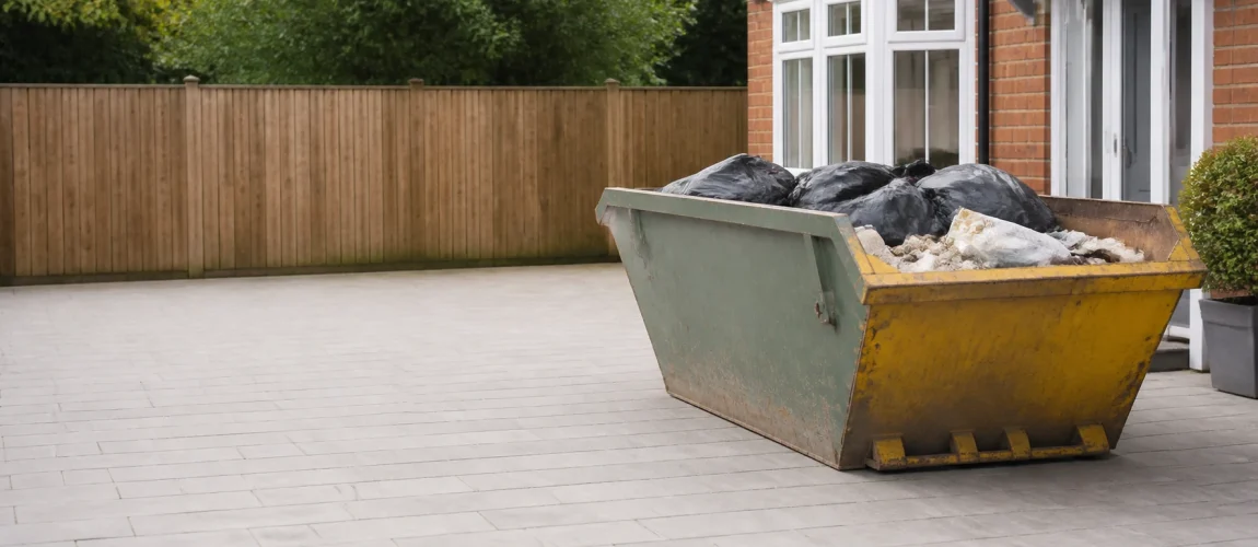 A neatly filled skip ready for collection on a clean driveway