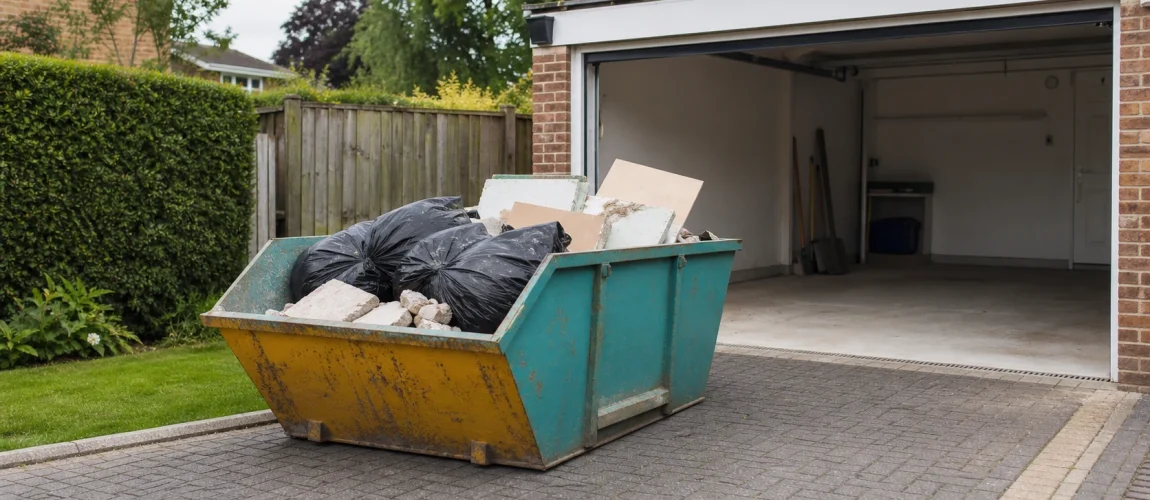 A small skip on a driveway during a tidy garage clear out.