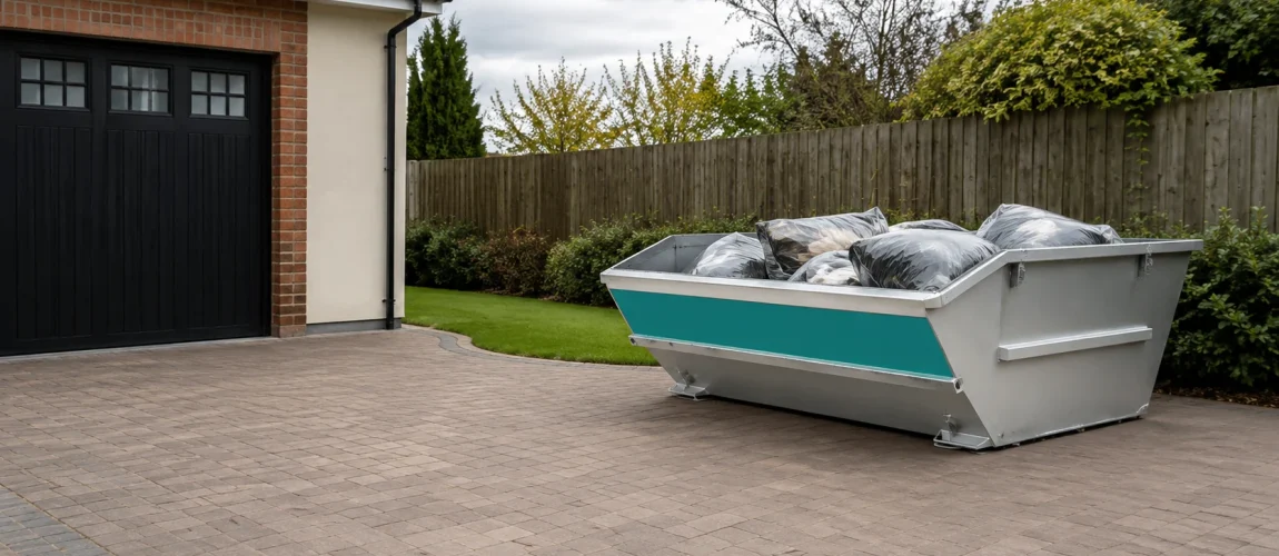 Clean metal skip placed neatly on a domestic driveway.