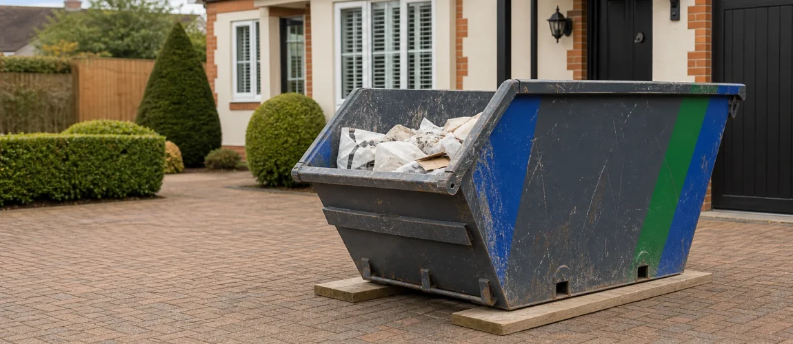 Metal skip placed on protective boards on a clean UK driveway.